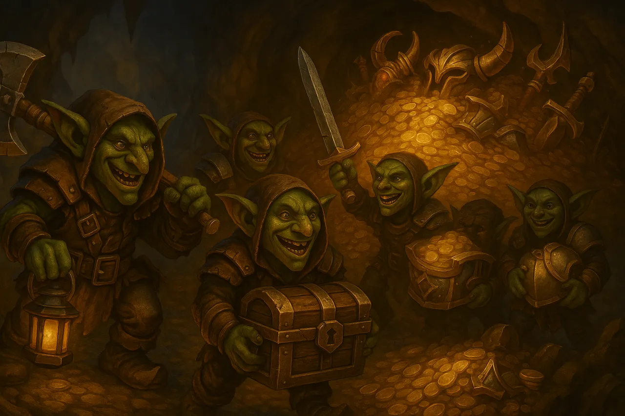 Gear Goblins loot screen showing gear, charms, consumables, and gems