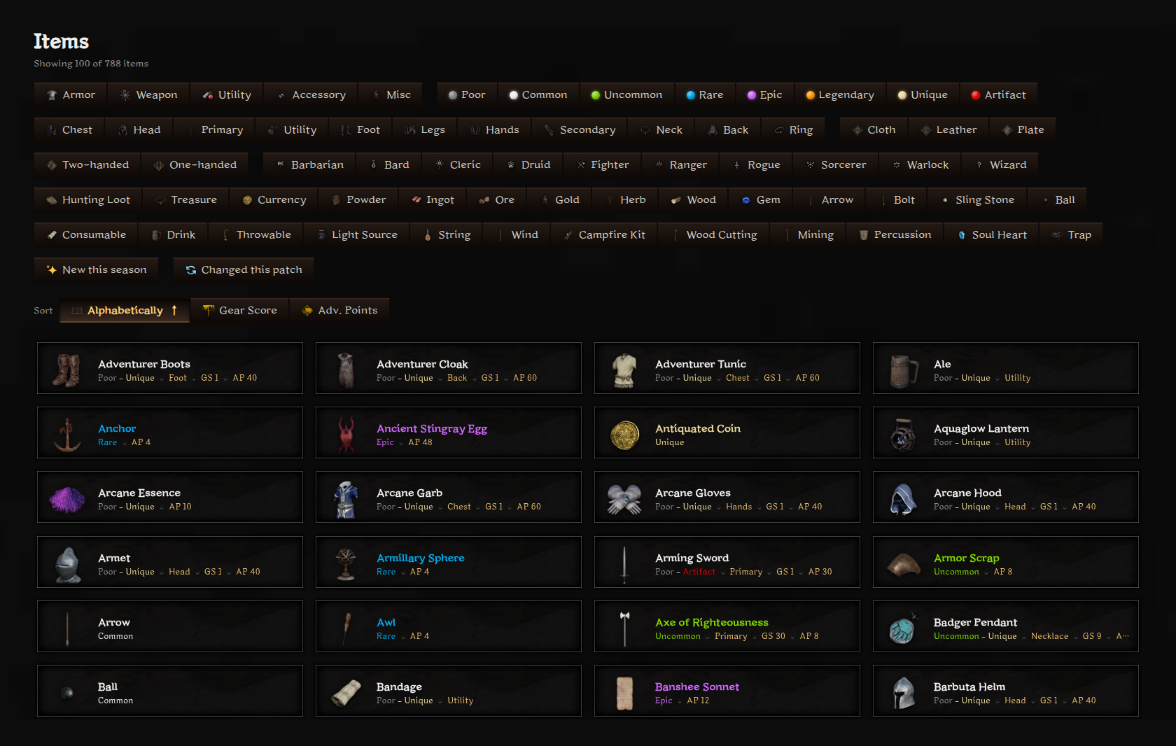 The DarkerDB item browser with filters for type, slot, rarity, and class